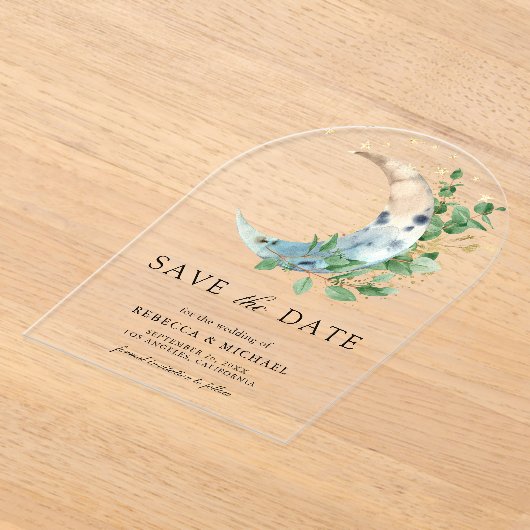 Invitations En Acrylique Crescent Moon Eucalyptus Mariage Enregistrer la da (Poser)