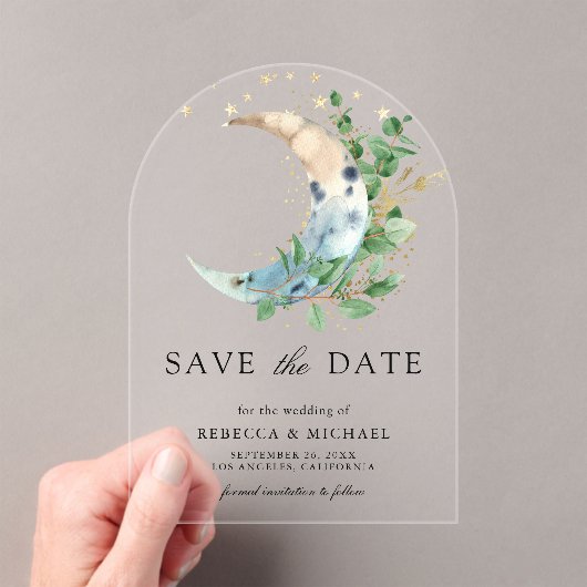 Invitations En Acrylique Crescent Moon Eucalyptus Mariage Enregistrer la da (In situ (ordinateur de poche))