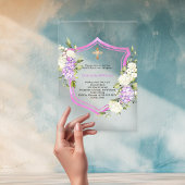 Invitations En Acrylique Crest rose violet fleurs fille clair Baptême