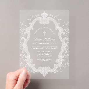 Invitations En Acrylique Crête de feuillage blanc élégant Baptême