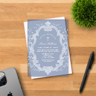 Invitations En Acrylique Crête de feuillage blanc sur baptême bleu