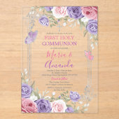 Invitations En Acrylique Croix d'argent violet Fleur rose 1ère sainte commu (Recto)