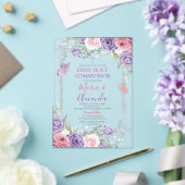 Invitations En Acrylique Croix d'argent violet Fleur rose 1ère sainte commu (Insitu (Mariage))