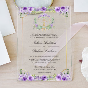 Invitations En Acrylique Croix de mariage catholique florale dorée violette
