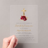 Invitations En Acrylique Croix d'or Première communion florale rouge (In situ (ordinateur de poche))