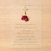 Invitations En Acrylique Croix d'or Première communion florale rouge (Recto)