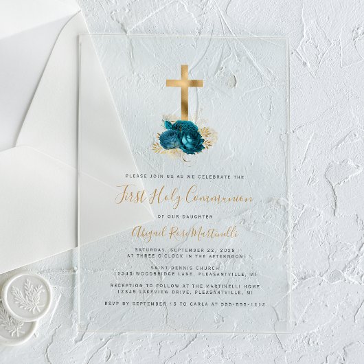 Invitations En Acrylique Croix d'or Première communion florale Turquoise