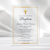 Invitations En Acrylique Croix d'or Script moderne Marine Bleu Élégant Bapt
