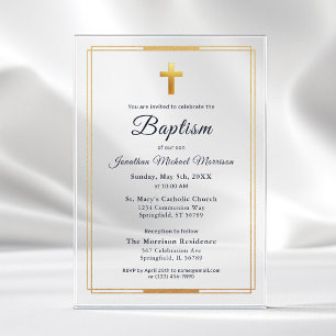 Invitations En Acrylique Croix d'or Script moderne Marine Bleu Élégant Bapt