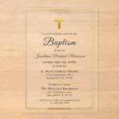 Invitations En Acrylique Croix d'or Script moderne Marine Bleu Élégant Bapt (Recto)