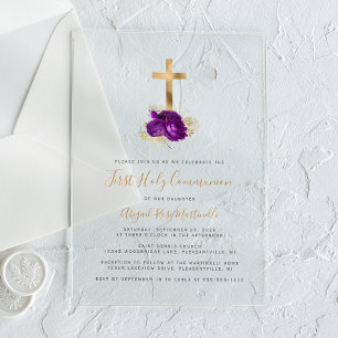 Invitations En Acrylique Croix d'or violet florale première communion