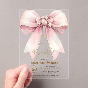 Invitations En Acrylique Croix dorée avec nœud rose floral pour baptême