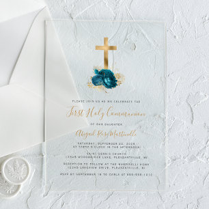 Invitations En Acrylique Croix dorée Bouquet de turquoise Première communio