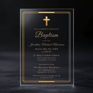 Invitations En Acrylique Croix dorée écriture typographie chic élégant bapt