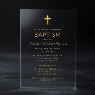 Invitations En Acrylique Croix dorée écriture typographie chic élégant bapt