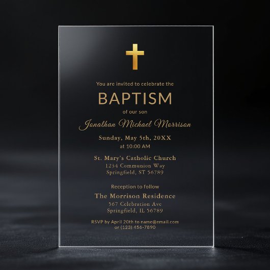 Invitations En Acrylique Croix dorée écriture typographie chic élégant bapt