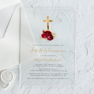 Invitations En Acrylique Croix dorée Fleurs rouges Première communion