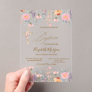 Invitations En Acrylique Croix dorée Fleurs sauvages Baptême rose
