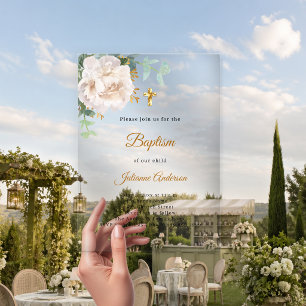 Invitations En Acrylique Croix dorée florale blanche baptême luxe clair