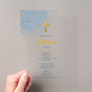 Invitations En Acrylique Croix dorée pailletée aquarelle bleue Baptême Garç