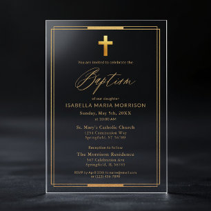 Invitations En Acrylique Croix dorée Script Typographie Chic Élégant Baptêm