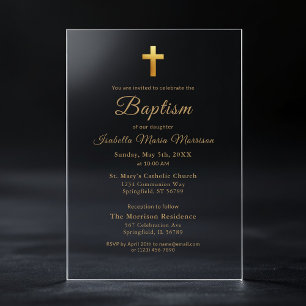 Invitations En Acrylique Croix dorée Script Typographie Chic Élégant Baptêm