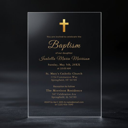 Invitations En Acrylique Croix dorée Script Typographie Chic Élégant Baptêm