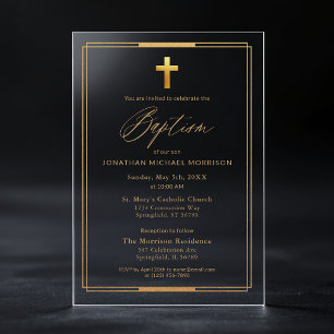 Invitations En Acrylique Croix dorée Script Typographie Chic Élégant Baptêm