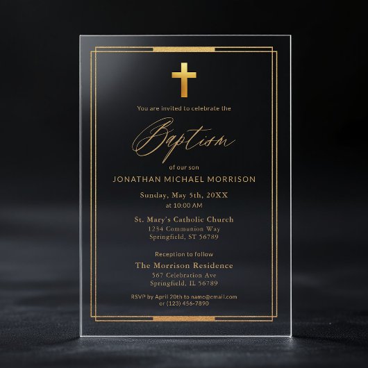 Invitations En Acrylique Croix dorée Script Typographie Chic Élégant Baptêm