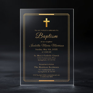 Invitations En Acrylique Croix dorée typographie script Chic Élégant Baptêm