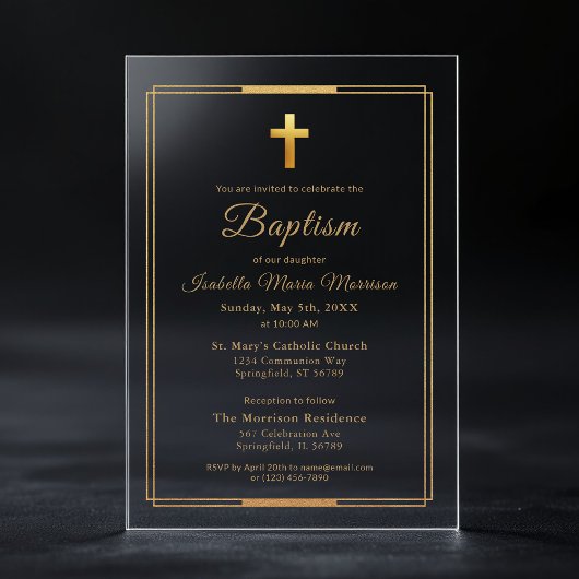 Invitations En Acrylique Croix dorée typographie script Chic Élégant Baptêm