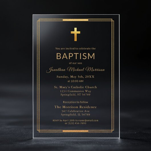 Invitations En Acrylique Croix dorée typographie script Chic Élégant Baptêm
