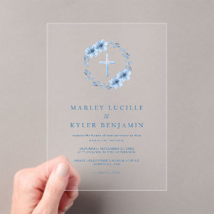 Invitations En Acrylique Croix florale bleu Dusty Mariage minimal