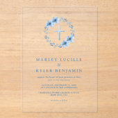 Invitations En Acrylique Croix florale bleu Dusty Mariage minimal (Recto)