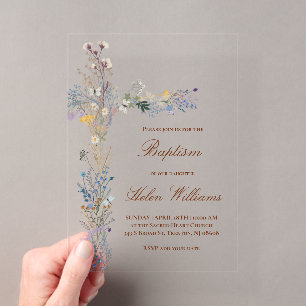 Invitations En Acrylique Croix florale de baptême
