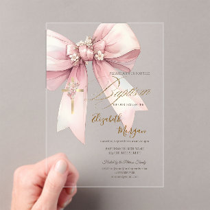 Invitations En Acrylique Croix florale dorée avec un nœud rose pour baptême