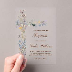 Invitations En Acrylique Croix florale du baptême