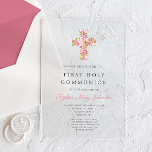 Invitations En Acrylique Croix florale rose Première communion religieuse