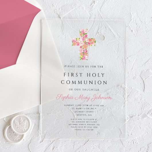 Invitations En Acrylique Croix florale rose Première communion religieuse