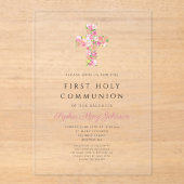 Invitations En Acrylique Croix florale rose Première communion religieuse (Recto)