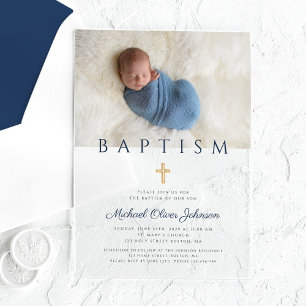 Invitations En Acrylique Croix Religieuse Bleu Marine Garçon Baptême Photo
