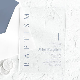 Invitations En Acrylique Croix Religieuse Élégante Bleu Poussiéreux Baptême