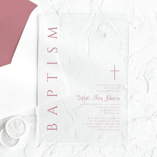 Invitations En Acrylique Croix Religieuse Élégante Rose Baptême Fille