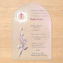 Croix rose douce & Fille florale Baptême Invitat I