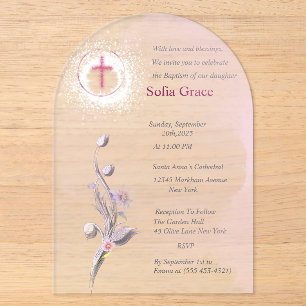 Invitations En Acrylique Croix rose douce & Fille florale Baptême Invitat I