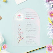 Invitations En Acrylique Croix rose douce & Fille florale Baptême Invitat I