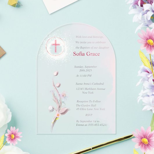Invitations En Acrylique Croix rose douce & Fille florale Baptême Invitat I