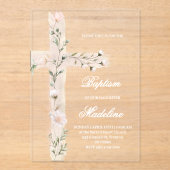 Invitations En Acrylique croix sainte florale Baptême (Recto)