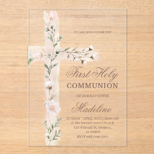 Invitations En Acrylique croix Sainte Première communion florale