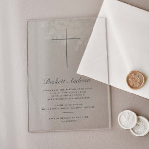 Invitations En Acrylique Croix simple en or Script Baptême